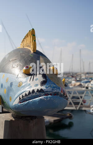 Fun and colourful fish sculpture in Corralejo's marina, Corralejo, Fuerteventura, Canary Islands, Spain Stock Photo