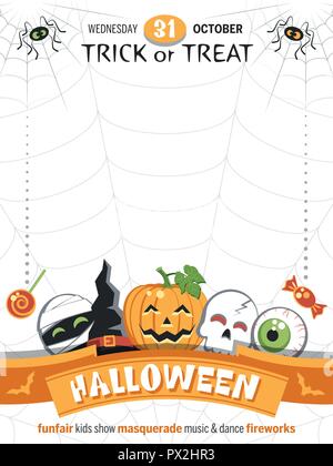 Colorful greeting poster for Halloween. Place for your text message. Flat design. Vector illustration. Stock Vector