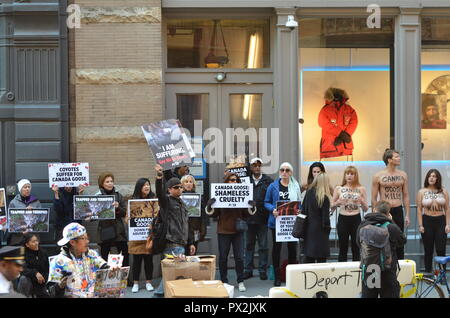 Manhattan United States. 18th Oct 2018. Today animal rights protesters showed up outside the new Canada Goose store in Soho New York City. As temperatures drop and New Yorkers start shopping for winte...