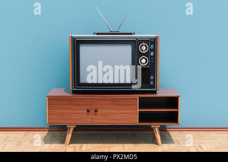 Retro TV set on the stand in room on the wooden floor, 3D rendering Stock Photo