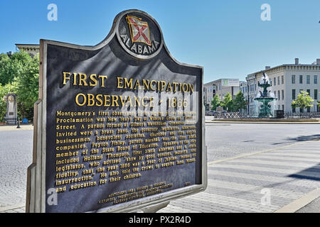 Montgomery Alabama, USA, historical marker commemorating the first observance of the Emancipation Proclamation in 1866, along Commerce Street. Stock Photo