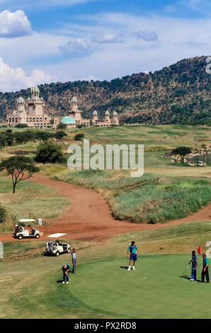 Adjacent to an18-hole, par-72 golf course designed by famed South African pro golfer Gary Player is The Palace of the Lost City, a luxurious 5-star hotel at the world-renowned Sun City holiday resort in the North West Province of South Africa. That popular playground also offers vacationers a water park with a wave pool, a gambling casino, hot-air balloon rides, and even animal safaris in an adjoining game park. Stock Photo