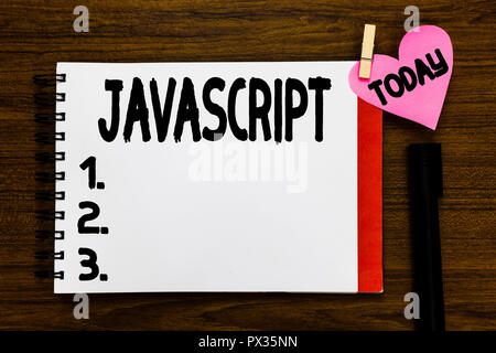 Conceptual hand writing showing Javascript. Business photo text Computer programming language used to create interactive effects Open notebook page ma Stock Photo