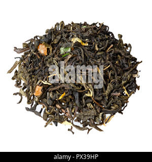 Mix green tea with candied fruits, petals of calendula and sunflower close-up. Stock Photo