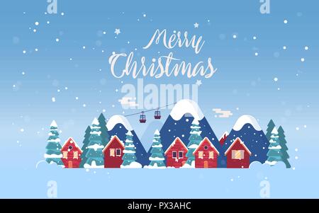 Winter holidays in the mountains concept banner. Snowy night in cozy christmas town city banner Stock Vector