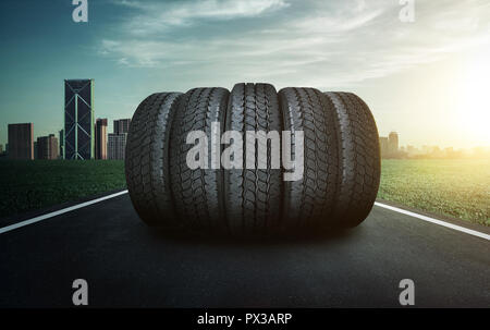 Car tires pile on a city road Stock Photo