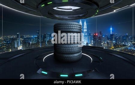 Car tires pile on a Futuristic interior design empty space room with large windows and city urban landscape Stock Photo