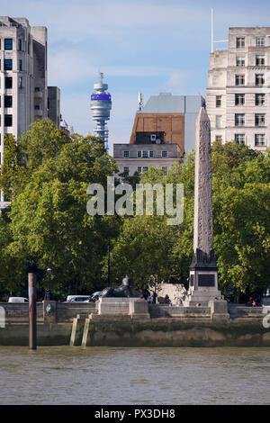 Cleopatra's Needle with the BT Tower in the background, London Stock Photo