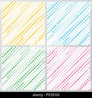 Set of abstract yellow, blue, green, pink dotted stripes diagonally pattern isolated on white background. halftone texture. Vector illustration Stock Vector