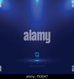 Blue stage background with light rays of spotlight and falling sparkling. Shimmering light dust shining. Studio room. Vector illustration Stock Vector