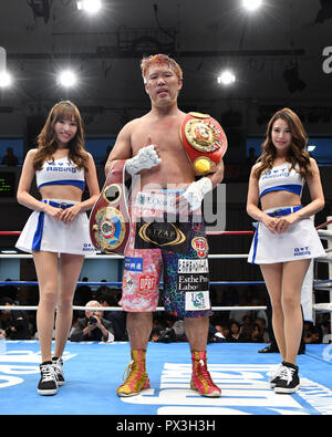 Tokyo, Japan. 25th Sep, 2018. Kyotaro Fujimoto (JPN) Boxing : Kyotaro Fujimoto of Japan poses with his champion belts after winning the OPBF and WBO Asia Pacific heavyweight titles bout at Korakuen Hall in Tokyo, Japan . Credit: Hiroaki Yamaguchi/AFLO/Alamy Live News Stock Photo