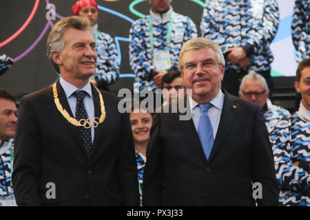 Buenos Aires, Argentina. 18th October, 2018. Mauricio Macri, president of Argentina, Thomas Bach, president of IOC and authorities during closing ceremony of Youth Olympic Games of Buenos Aires, Argentina. Credit: Néstor J. Beremblum/Alamy Live News Stock Photo