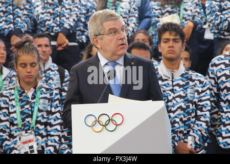 Thomas Bach, president of IOC and authorities during closing ceremony of 3th Youth Olympic Games of Buenos Aires, Argentina.  Stock Photo