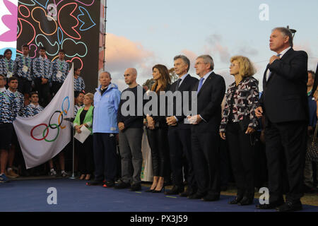 Mauricio Macri, president of Argentina, Thomas Bach, president of IOC and authorities during closing ceremony of 3th Youth Olympic Games of Buenos Aires, Argentina.  Stock Photo