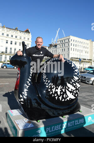 Brighton UK 19th October 2018 - Norman Cook aka Fatboy Slim is changing his name to Fatboy Slow during his 26 mile walk to visit all the giant snail sculptures around Brighton and Hove in one day helping to raise money for the Martlets Hospice . There are over 50 snail sculptures to visit covering a distance of 26 miles on the Snailspace Art Trail's fundraising #BeMoreSnail day Credit: Simon Dack/Alamy Live News Stock Photo