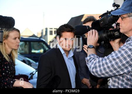 Dorchester, UK. 19th Oct 2018. Johnny Mercer MP arrives at Dorchester Literary Festival Credit: Finnbarr Webster/Alamy Live News Stock Photo