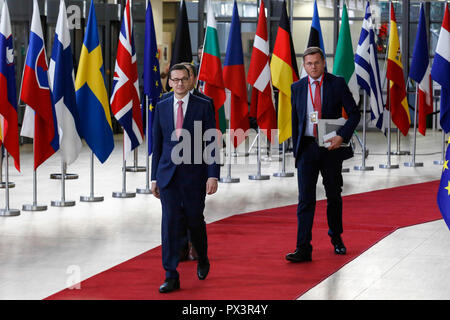 Brussels, Belgium. 18th Oct 2018. Mateusz Morawiecki, Prime Minister of Poland arrives for European Council meeting in Brussels, Belgium on October 18, 2018.The summit concentrates on migration and security policies. Credit: Michal Busko/Alamy Live News Stock Photo