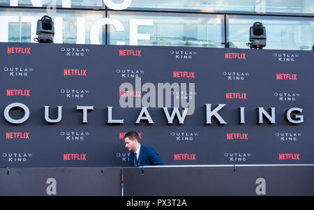 Vue Omni, Leith Walk, Edinburgh, Scotland, United Kingdom, 19th October 2018. Stars attend the Scottish premiere of Netflix Outlaw King. The red carpet is laid out the for the cast and team producing Netflix’s latest blockbuster film with the billboard to provide a backdrop for the official photographs Stock Photo