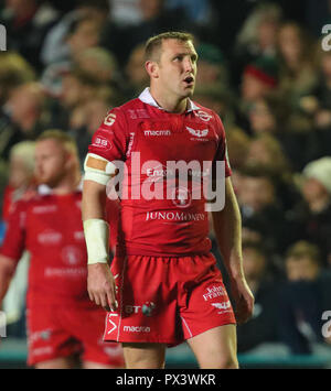 Leicester, UK. 19th October 2018. 19.10.2018   Leicester, England. Rugby Union.                 Hadleigh Parkes in action for Scarlets during the Heineken Champions Cup round 2 match played between Leicester Tigers and Scarlets rfc at the Welford Road Stadium, Leicester.  © Phil Hutchinson/Alamy Live News Stock Photo