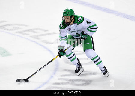 October 19, 2018 North Dakota Fighting Hawks defenseman Andrew Peski (4) skates with the puck during a NCAA men's college hockey game between the Minnesota State Mavericks and the University of North Dakota Fighting Hawks at Ralph Engelstad Arena in Grand Forks, ND Mankato won 7-4. Photo by Russell Hons/CSM Stock Photo