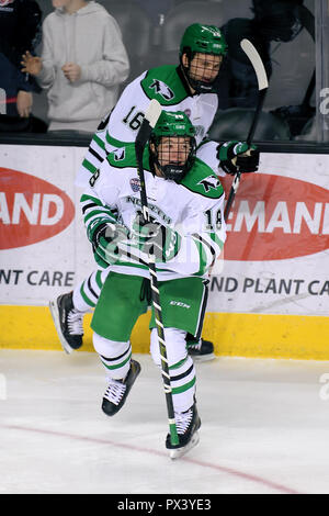 October 19, 2018 North Dakota Fighting Hawks forward Collin Adams (18) celebrates after scoring a goal in the first period of a NCAA men's college hockey game between the Minnesota State Mavericks and the University of North Dakota Fighting Hawks at Ralph Engelstad Arena in Grand Forks, ND Mankato won 7-4. Photo by Russell Hons/CSM Stock Photo