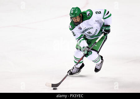 October 19, 2018 North Dakota Fighting Hawks defenseman Gabe Bast (2) skates the puck up the ice during a NCAA men's college hockey game between the Minnesota State Mavericks and the University of North Dakota Fighting Hawks at Ralph Engelstad Arena in Grand Forks, ND Mankato won 7-4. Photo by Russell Hons/CSM Stock Photo