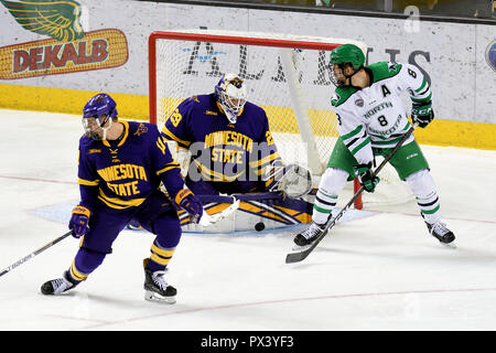 October 19, 2018 North Dakota Fighting Hawks forward Nick Jones (8) backhands a shot against Minnesota State Mavericks goaltender Dryden McKay (29) during a NCAA men's college hockey game between the Minnesota State Mavericks and the University of North Dakota Fighting Hawks at Ralph Engelstad Arena in Grand Forks, ND Mankato won 7-4. Photo by Russell Hons/CSM Stock Photo