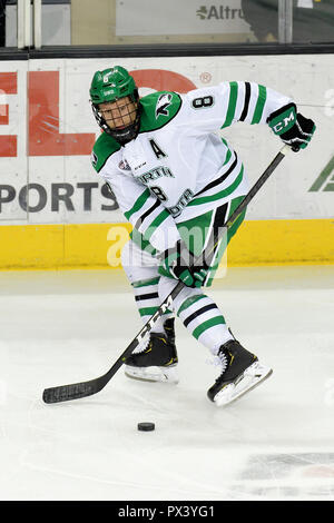 October 19, 2018 North Dakota Fighting Hawks forward Nick Jones (8) passes the puck during a NCAA men's college hockey game between the Minnesota State Mavericks and the University of North Dakota Fighting Hawks at Ralph Engelstad Arena in Grand Forks, ND Mankato won 7-4. Photo by Russell Hons/CSM Stock Photo