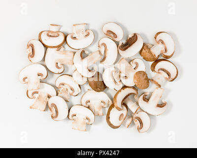 sliced chestnut mushrooms on a white background Stock Photo