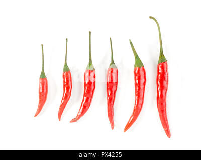 six red chillis on a white background Stock Photo