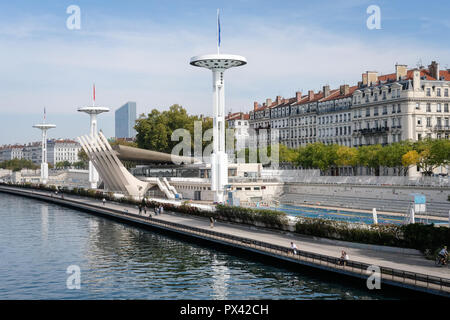 City of Lyon. View of the Rhône pool with the Incity tower in the background. In the foreground the banks of the Rhône Stock Photo