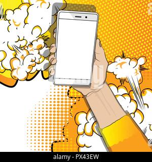 Hand holding white cellphone with white screen. Cartoon pop art retro vector illustration drawing in comic book style. Stock Vector