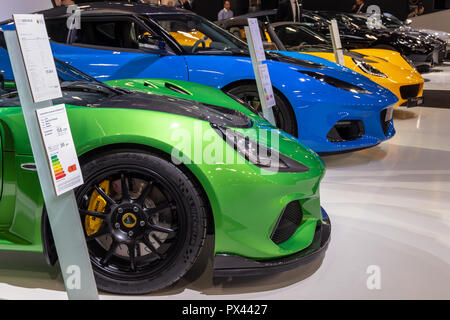 PARIS - OCT 2, 2018: Row of Lotus sports cars showcased at the Paris Motor Show. Stock Photo