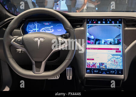 PARIS - OCT 2, 2018: Interior dashboard view of theTesla Model S P100D electric car showcased at the Paris Motor Show. Stock Photo