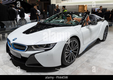 PARIS - OCT 2, 2018: BMW i8 ROadster electric sports car showcased at the Paris Motor Show. Stock Photo