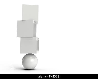 Three white boxes balancing on an orb Stock Photo
