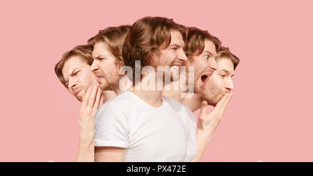 The collage of different human facial expressions, emotions and feelings of young man. Studoi shot Stock Photo