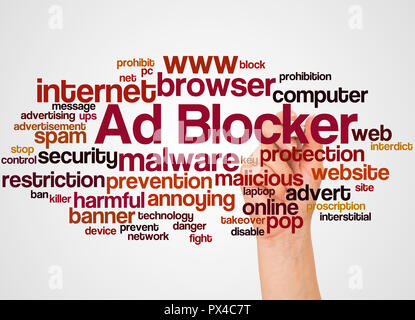 Ad Blocker word cloud and hand with marker concept on white background. Stock Photo