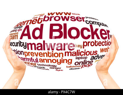 Ad Blocker word cloud hand sphere concept on white background. Stock Photo