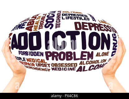 Addiction word cloud hand sphere concept on white background. Stock Photo