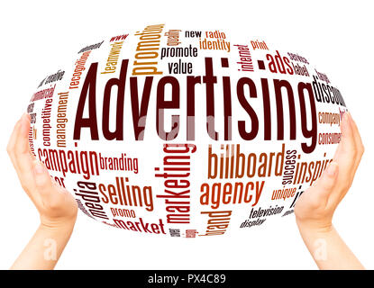 Advertising word cloud hand sphere concept on white background. Stock Photo