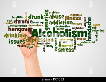 Alcoholism word cloud and hand with marker concept on white background. Stock Photo