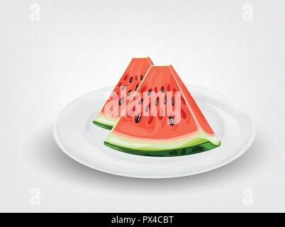 watermelon slices in white dish.Vector image of beautiful watermelon slices on gray background. Stock Vector
