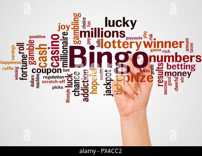 Bingo, word cloud and hand with marker concept on white background. Stock Photo