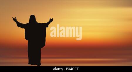 Silhouette Jesus. vector illustration Jesus and the sunset. Stock Vector
