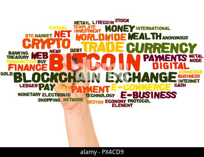 Bitcoin word cloud and hand with marker concept on white background. Stock Photo