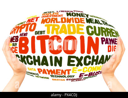 Bitcoin word cloud hand sphere concept on white background. Stock Photo