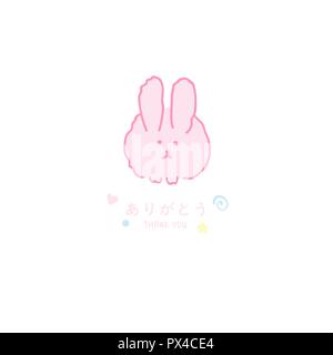 Pink bunny card design with Thank You greetings on English and Japanese languages Easter kawaii rabbit design vector isolated on white Stock Vector