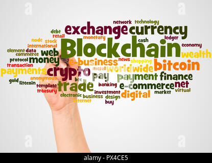 Blockchain word cloud and hand with marker concept on white background. Stock Photo