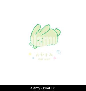 Green bunny card design with Good Night wishes on English and Japanese languages Easter kawaii rabbit design vector isolated on white Stock Vector